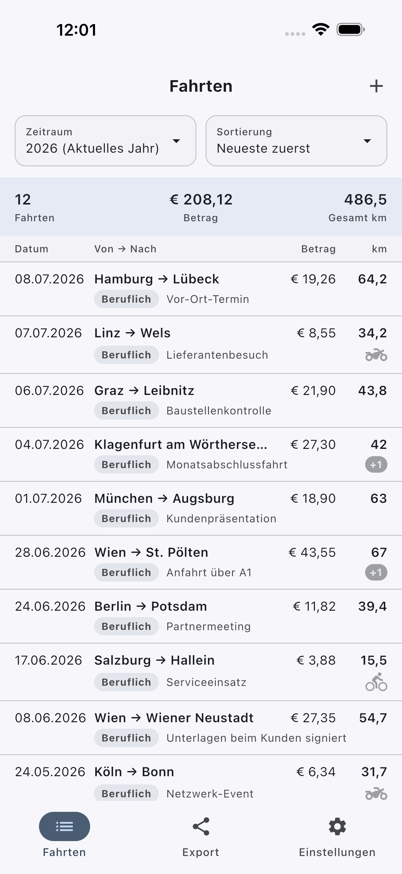 Fahrtenübersicht mit Kilometergeld-Summe und gefahrenen Kilometern